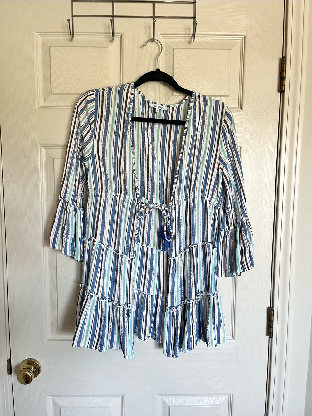 blue island Striped Tie-Front Bathing Suit Cover/Cardigan